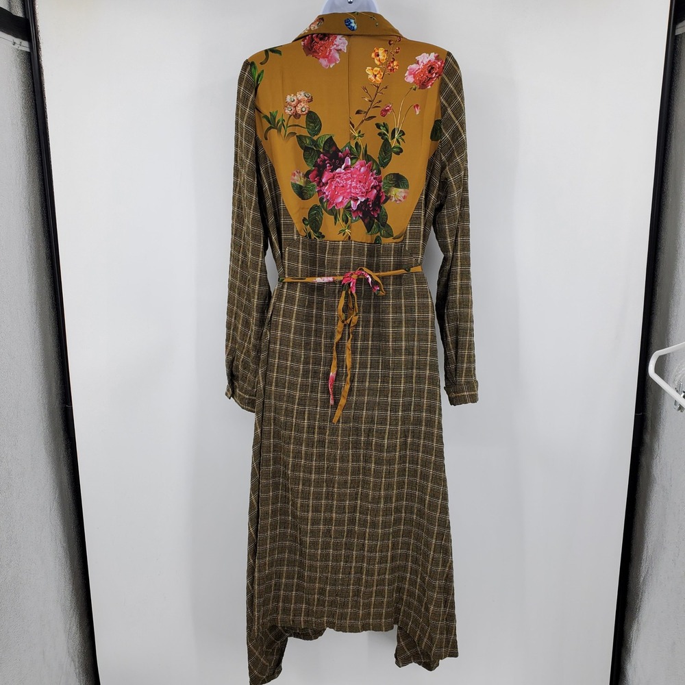 Alembika Floral Plaid Mixed Media Midi Dress Brown 4 Lagenlook Artsy Cottagecore - Picture 2 of 13
